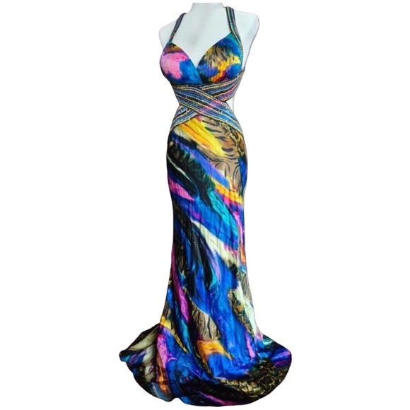 La Femme Maxi Silk Multicolor Backless Sequin Gown Dress Size 6 - Picture 1 of 16